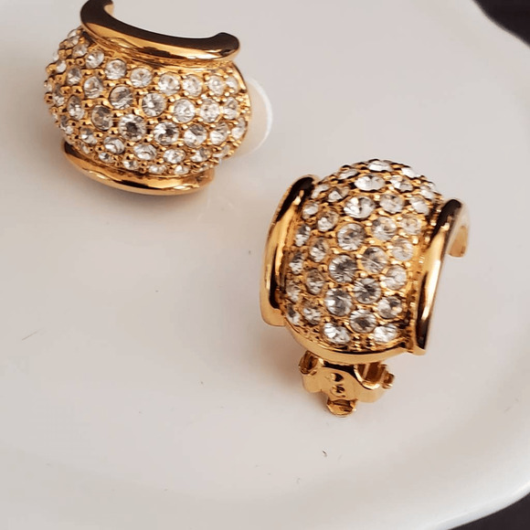 Swarovski Half Hoop Earrings Gold Plated Pave Crystals Clip-On Swan Signed - Picture 3 of 7